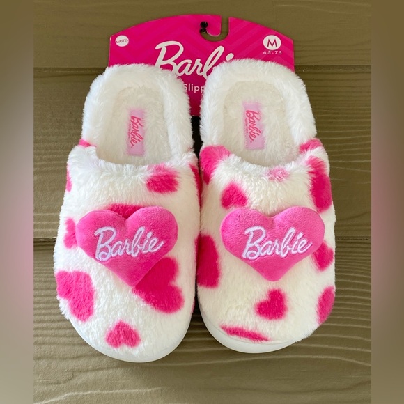 Barbie Shoes - Barbie Pink Cream Faux Fur Logo Super Push Comfy Women's Slippers Sz M (6.5-7.5)